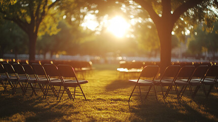 Ethereal Sunlit Folding Chairs in Geometric Formation on Verdant Lawn with Dreamy Bokeh Effect