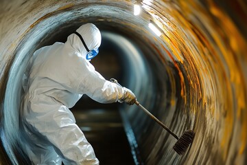 Worker Cleaning an Underground Tunnel Wearing Protective Suit and Equipment