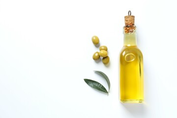 Bottle of fresh olive oil and olives with leaves on white background