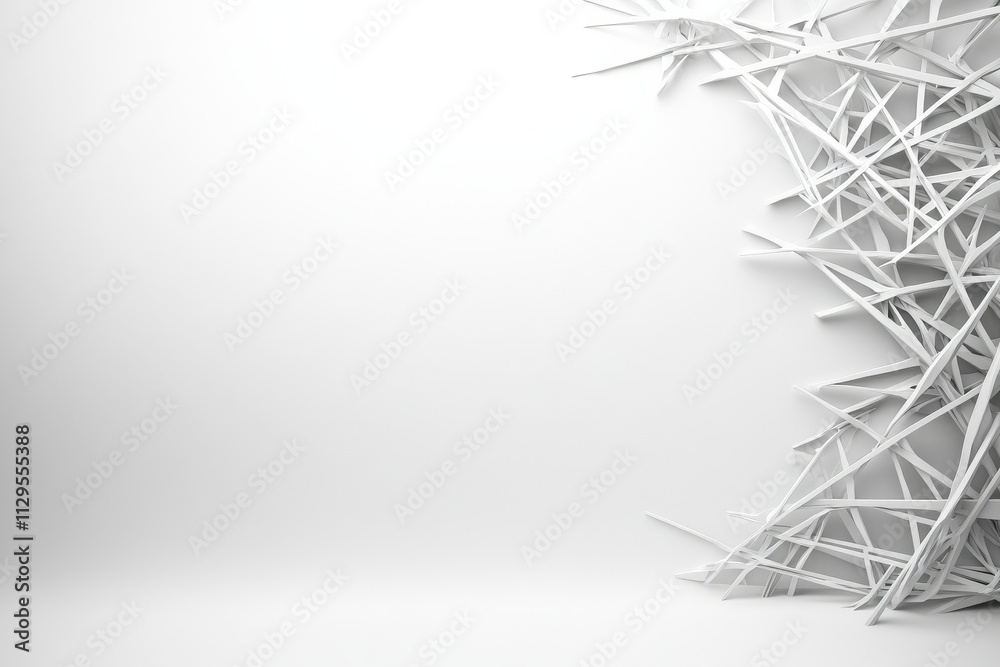 Poster abstract design featuring white paper structures creating a dynamic composition against a minimalist