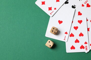 Playing cards on color background, top view. Gambling concept