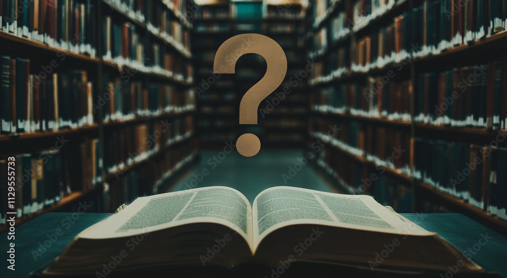 Poster Open book on a table in a library with shelves of books and a question mark hovering above