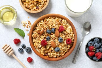 Delicious granola with berries and yogurt on a light background