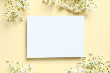 Top view photo with paper card and gypsophila flowers on color background 