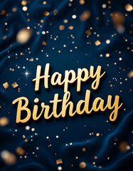 Golden Birthday Lettering on Dark Velvet Background with Sparkling Confetti, Bright