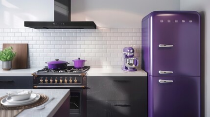 Stylish kitchen showcasing a white backsplash, royal purple appliances, charcoal grey countertops, and contemporary setting.