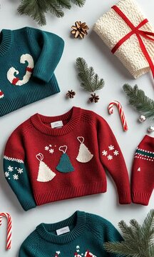 A flat lay of whimsical holiday motifs from quirky Christmas sweaters, featuring colorful knits with bells, stockings, and candy canes