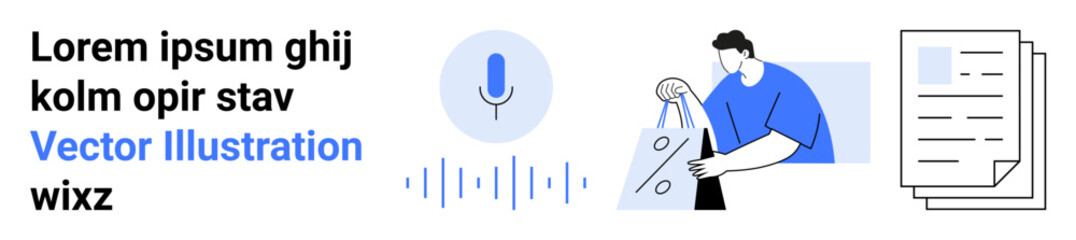 Man holding shopping bags, microphone icon with sound waves, and document stack. Ideal for online shopping, technology, business communication, document management, vector illustrations, marketing