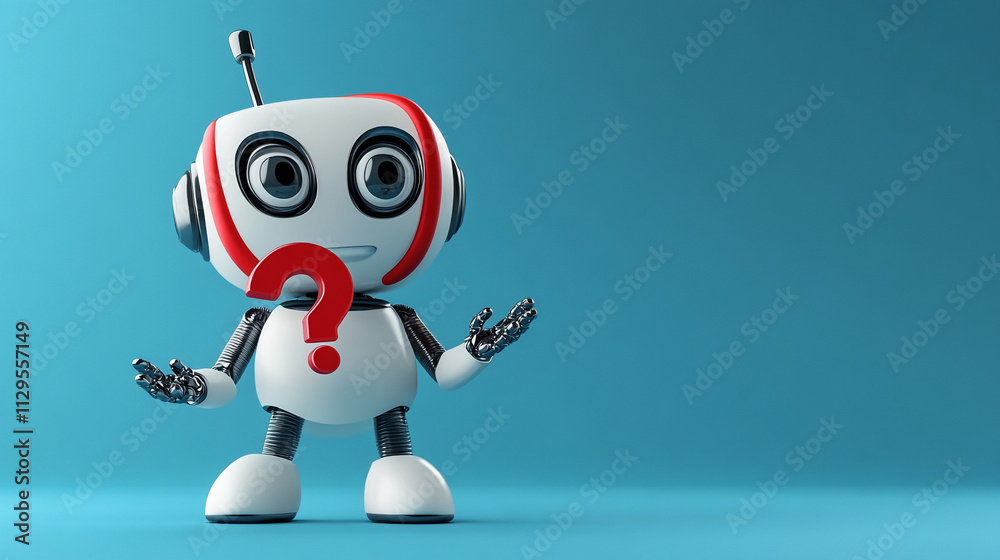 Poster Robot with a question mark expression poses against a blue background in a playful and engaging manner