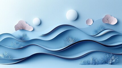 Artistic representation of waves and hills in soothing blue tones with stylized trees and moons on a calm landscape