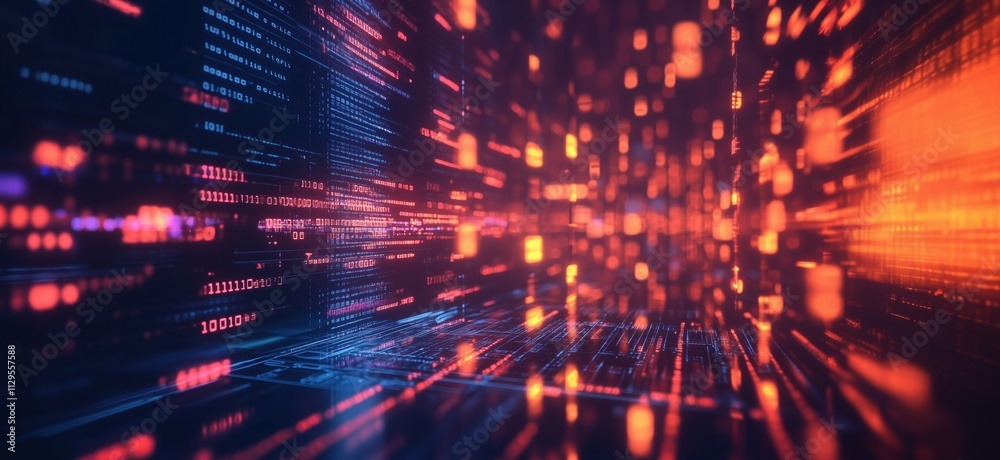 Poster Digital data stream with glowing binary code and vibrant colors, copy space for text