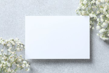 Top view photo with paper card and gypsophila flowers on gray background 