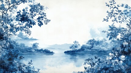 Serene Blue Toned Landscape with Lush Foliage and Tranquil Water Reflection