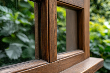 Beautiful wooden window frame with lush green backdrop