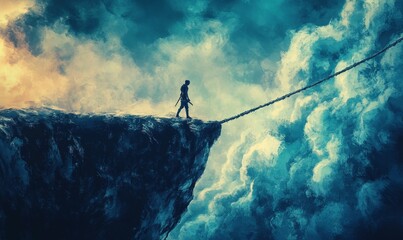 Fototapeta premium Solitary figure crosses chasm, perilous rope bridge, dramatic cloudscape.