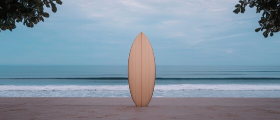 Wooden surfboard standing on a concrete surface near the ocean. the surfboard is facing towards the right side of the image and is positioned in the center of the frame.