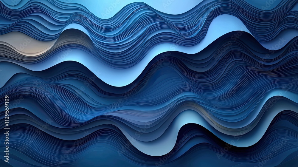 Poster wavy patterns in various shades of blue create a serene and calming visual in an abstract design