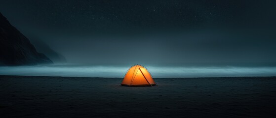 Single orange tent set up on a sandy beach at night. the tent is facing towards the right side of the image, with the ocean in the background.