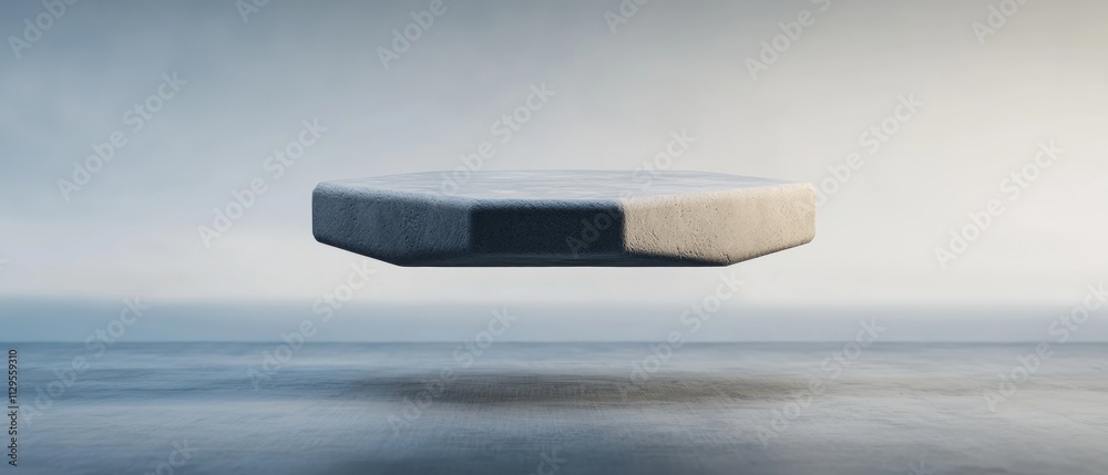 Fototapete 3d rendering of a concrete object floating in the air over a vast expanse of water. the object appea