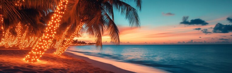 Tropical beach sunset with holiday-lit palm trees