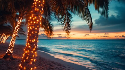 Tropical beach sunset with holiday-lit palm trees