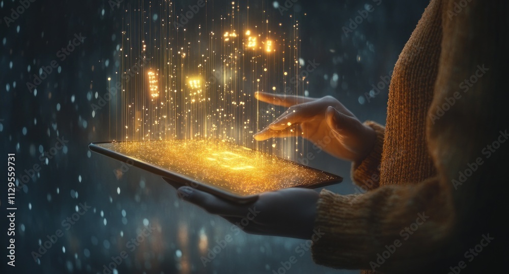 Aufkleber woman's hands interacting with digital data on a tablet.