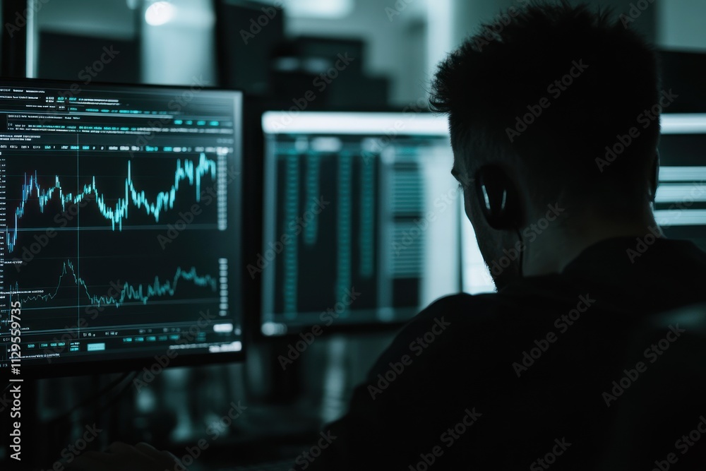 Poster Man analyzing financial data on multiple monitors.