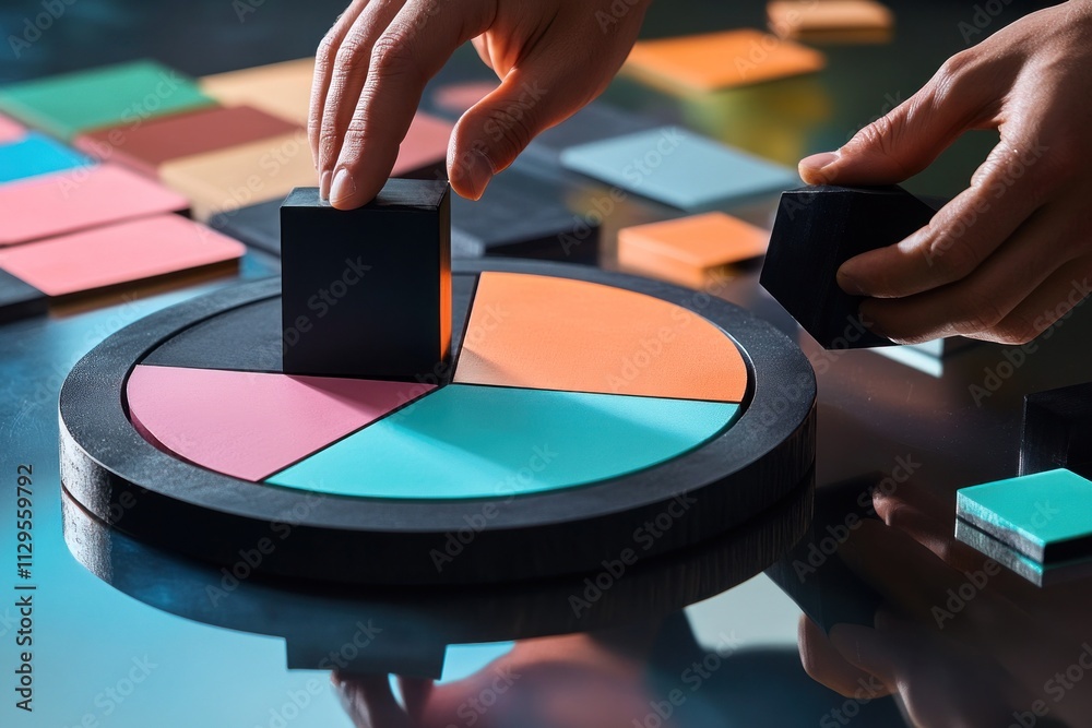 Aufkleber Hands arranging colorful blocks on a pie chart, representing data analysis or strategic planning.