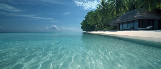 Fototapeta premium Beautiful landscape of a tropical resort. the sky is blue with white clouds scattered across it. the water is a deep turquoise color and the waves are gently lapping against the shore.