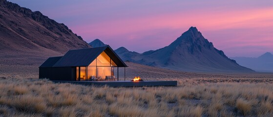 Small black cabin in the middle of a vast desert landscape with tall grasses surrounding it. the cabin has a triangular roof and large windows that let in natural light.
