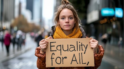 Young Caucasian woman holding a sign reading 'Equality for All' during a city protest.