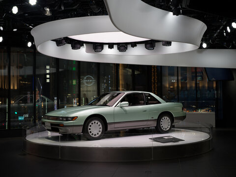 Ginza, Tokyo - Nov 22 2024: On display at the Nissan Crossing Ginza Store, a 1990s S13 K's Silvia Low Mileage JDM Show Car, pristine, original, unmodified two tone paint and interior condition