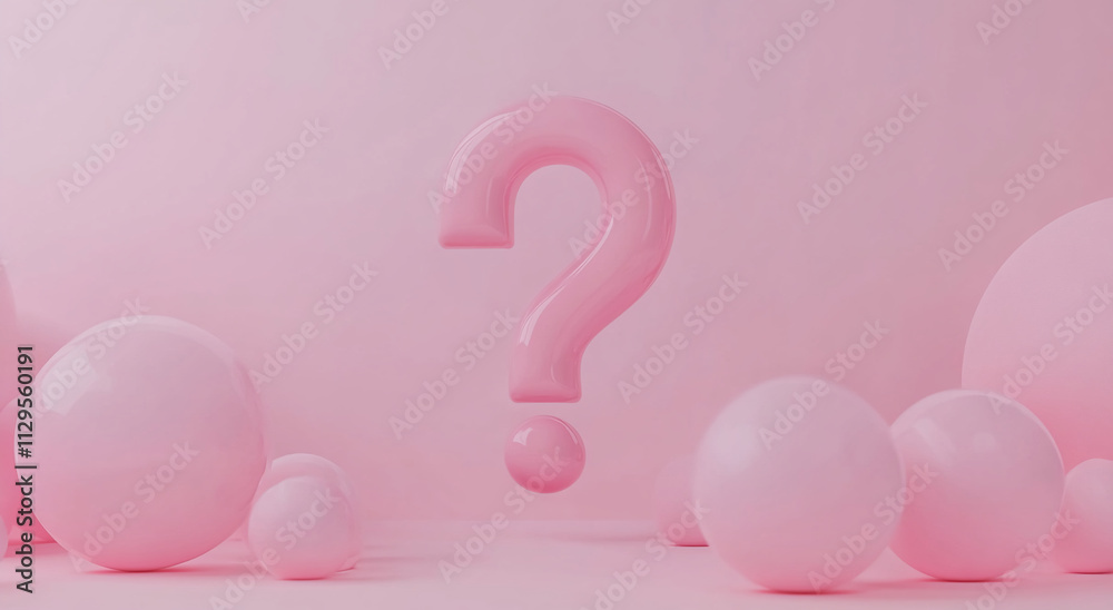 Poster large pink question mark surrounded by white spheres in a soft pastel setting