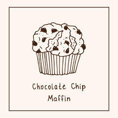 Chocolate Chip Muffin. Vector linear illustration with a muffin, hand-drawn. The inscription is Chocolate Chip Muffin. Suitable for restaurants, bakeries and cafes. A picture for the menu and logo.
