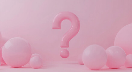 Large pink question mark surrounded by white spheres in a soft pastel setting