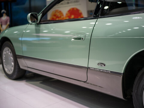 Ginza, Tokyo - Nov 22 2024: On display at the Nissan Crossing Ginza Store, detail of 1990s S13 K's Silvia Low Mileage JDM Show Car, pristine, original, unmodified two tone paint and interior condition
