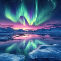 Fototapeta premium The aurora borealis dances above an icy lake, illuminating the night sky with vibrant green and purple hues, creating a breathtaking natural spectacle.