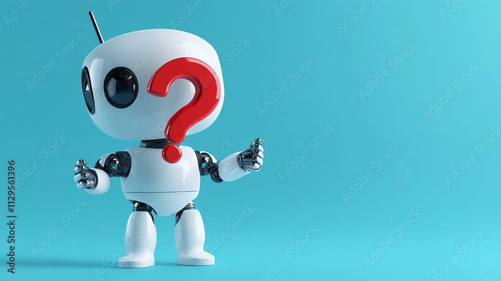 Poster Cute robot with a question mark symbol exploring its surroundings in a bright blue environment