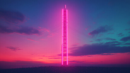 Pink Neon Tower Sunset Landscape  Futuristic Sci Fi Scene