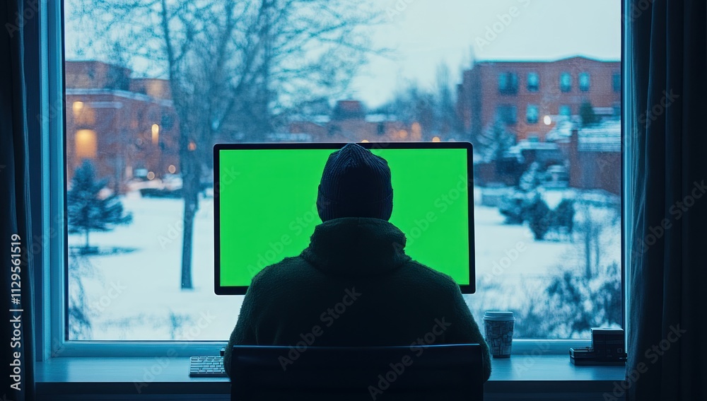 Poster person working on computer with green screen, snowy winter view.