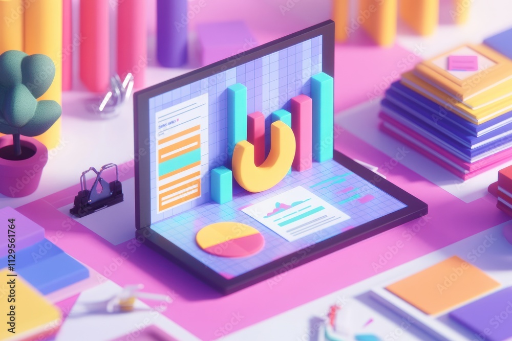 Aufkleber colorful 3d laptop displaying data charts and graphs on screen, surrounded by office supplies.