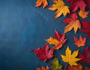 Top view of scattered autumn leaves with vibrant colors on an isolated blue textured shiny slate wall background, highlighting the natural beauty of fall copy space for text
