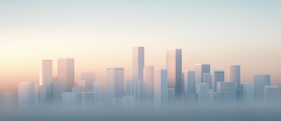 Fototapeta premium Digital illustration of a city skyline at sunrise or sunset. the sky is a gradient of orange and pink hues, with the sun partially visible on the left side of the image.