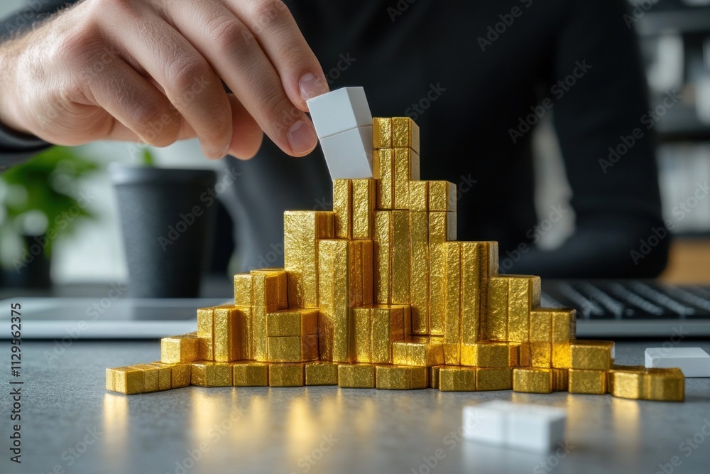 Poster hand placing white cube on gold cube pyramid.