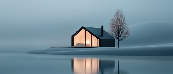 3d rendering of a small house on a small island in the middle of a body of water. the house is black in color with a triangular roof and a chimney on the right side.