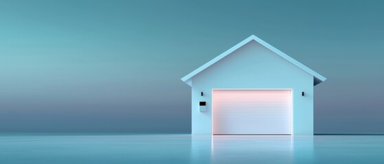 Small white house with a triangular roof and a white garage door. the house is standing on a flat surface with a light blue background.