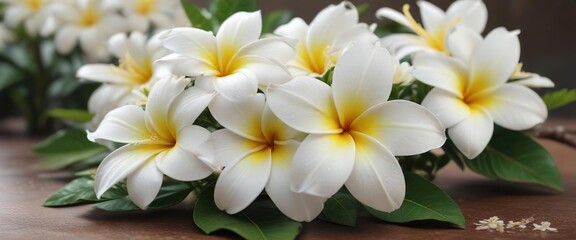 Obraz premium White plumeria flower with delicate petals and leaves, decoration, tropical plant, purity