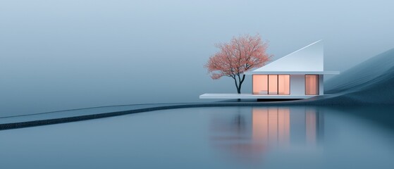 Digital illustration of a modern house on a small island in the middle of a body of water. the house is white with a triangular roof and has two large windows on the front.