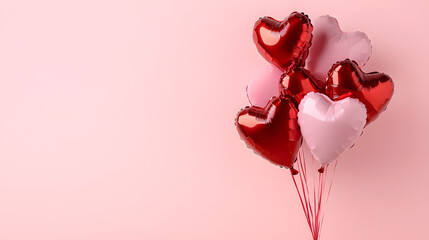 A Valentine�s Day background featuring red and pink hearts resembling balloons on a white surface, designed as a flat lay clipping path PNG.
