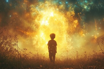 Fototapeta premium Child observes radiant celestial event, field.